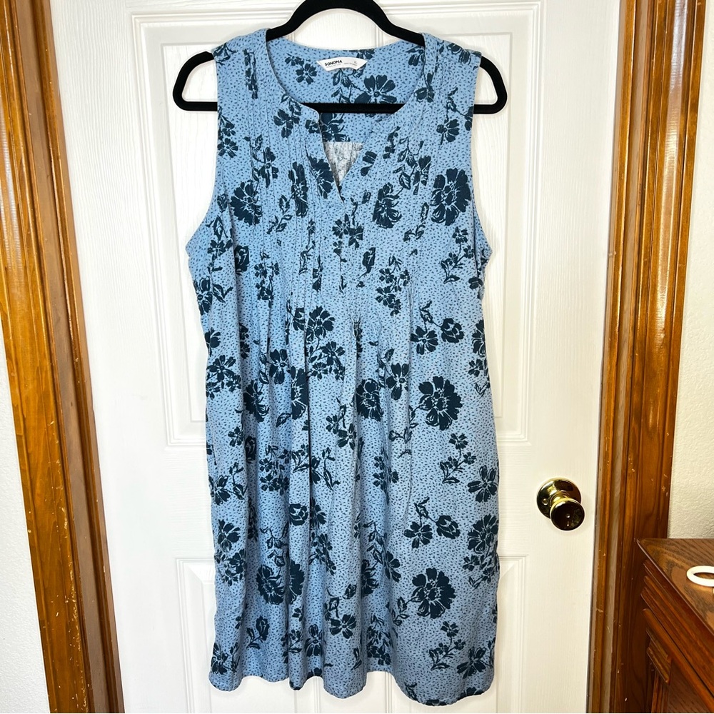 Linen Blend Dress XL Blue Floral Sleeveless Pockets Casual Summer Vacation